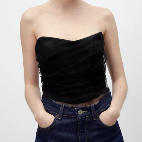 Zara CORSETRY-INSPIRED TULLE CROP TOP Black XS - Picture 15 of 15